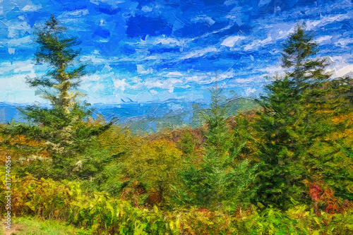Impressionistic Style Painting of Autumn in the Appalachian Mountains Viewed Along the Blue Ridge Parkway