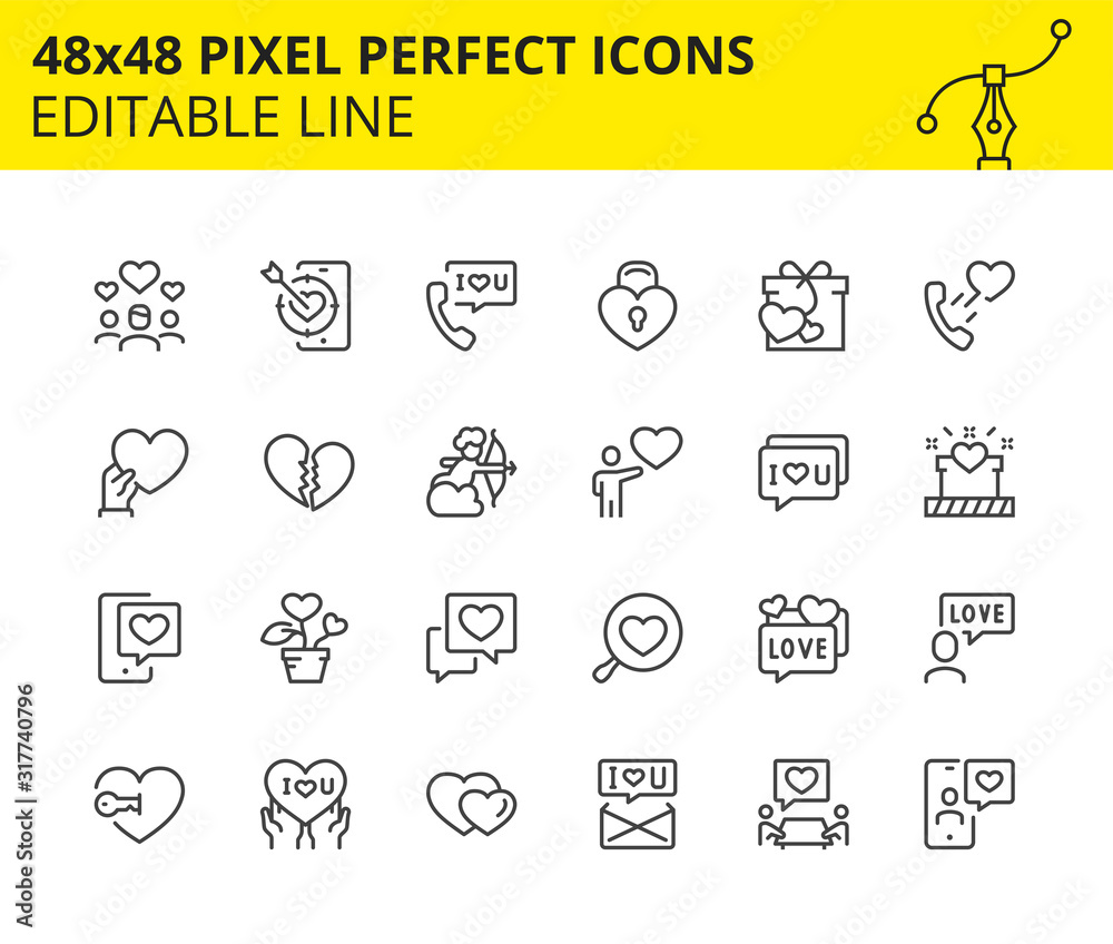 Editable Icons - Romantic Relationship and Love. Includes Amour, Gift, Emotions, etc. Pixel Perfect 48x48, Scaled Set. Vector.