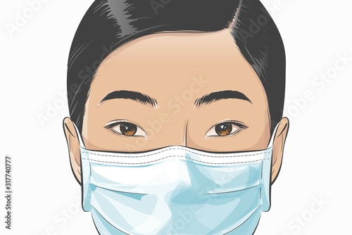 Vector Asian woman wearing disposable medical surgical face mask to protect against high air toxic pollution city