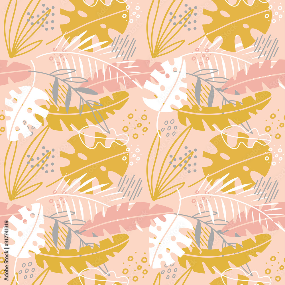 Fototapeta premium Cute Abstract Flowers Seamless Pattern with Hand Drawn Palm Leaves. Scandinavian Illustration Invitation , Notebook, Banner, Wrap Paper, Textiles, Cover, Postcard, Interior, Fashion