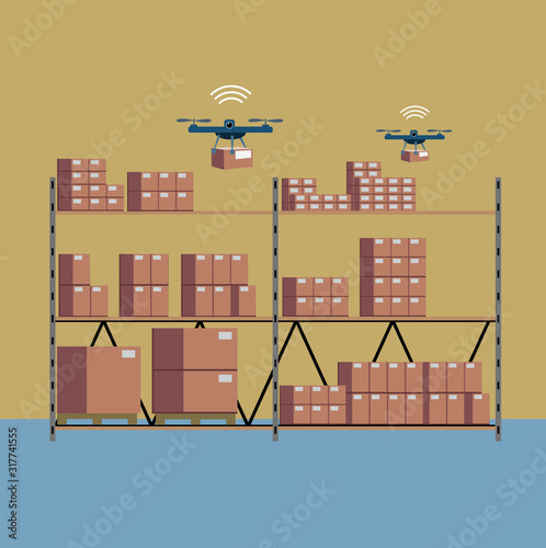 Drones picking parcels on shelves  in a warehouse.