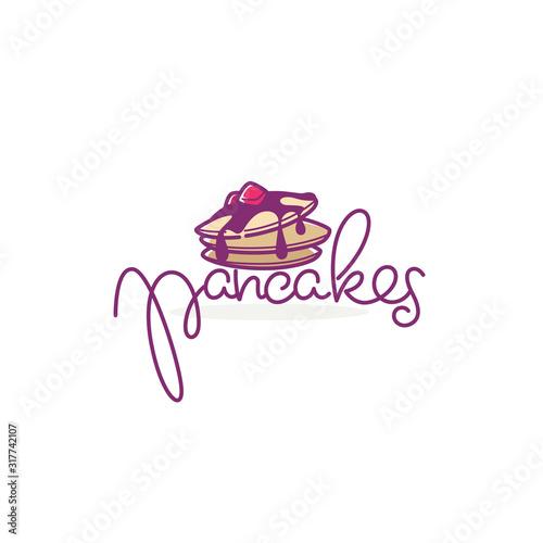 Home made pancakes logo template, doodle style illustration with lettering composition