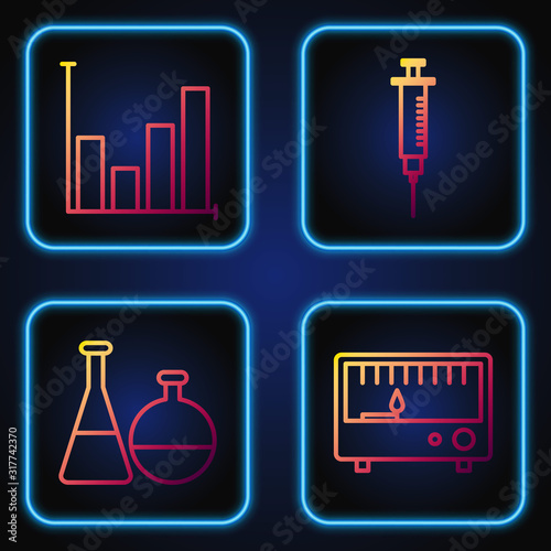 Set line Electrical measuring instruments, Test tube and flask chemical laboratory, Pie chart infographic and Syringe. Gradient color icons. Vector