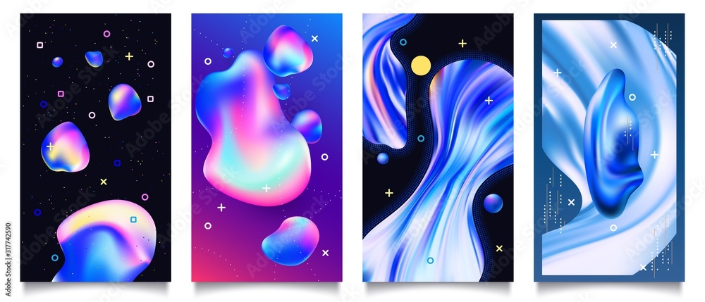 Abstract posters. Colorful abstraction, modern poster with liquid and geometric shapes. Minimal banner vector fluid gradients background set