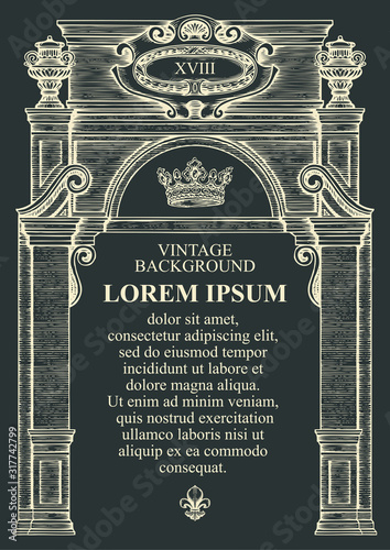Vector background or frame for a certificate or diploma in form of a classic building facade. Vintage illustration with a detailed drawing of an ancient architectural structure on the black background