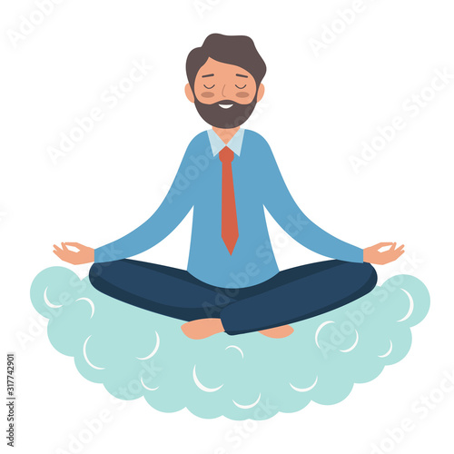 A guy in a tie sits on a cloud and meditates. An office worker in the Lotus position gets rid of stress.