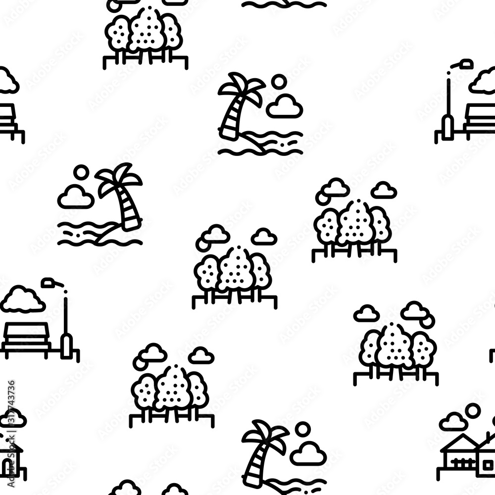 Landscape Travel Place Seamless Pattern Vector Thin Line. Illustrations