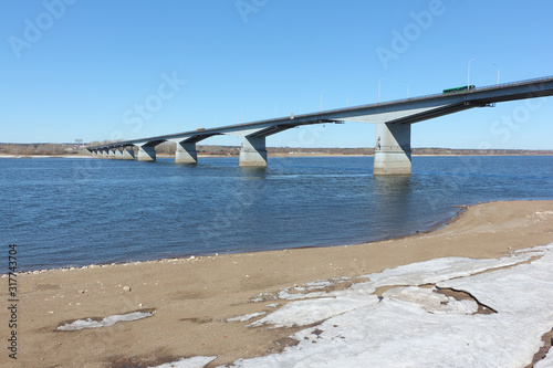 View of the automobile bridge over the Kama River, Perm city, Russia