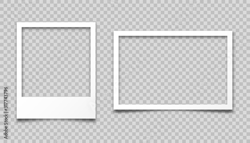 Realistic empty photo card frame, film set. Retro vintage photograph. Digital snapshot image. Template or mockup for design. Vector illustration.
