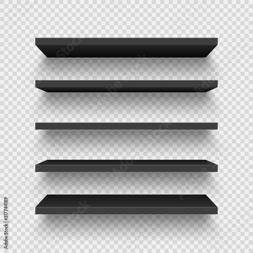 Realistic black wall shelf collection on checkered background. Empty store rack. Vector illustration.