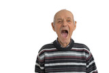Handsome old man in casual clothes showes his mouth without teeth isolated over white background, need a dentist, copyspace