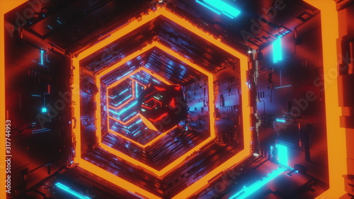 abstract background motion video of a specular gem moving in the center of hexagon tunnel of bright blue and red neon lights. 3d rendering animation in 4K.