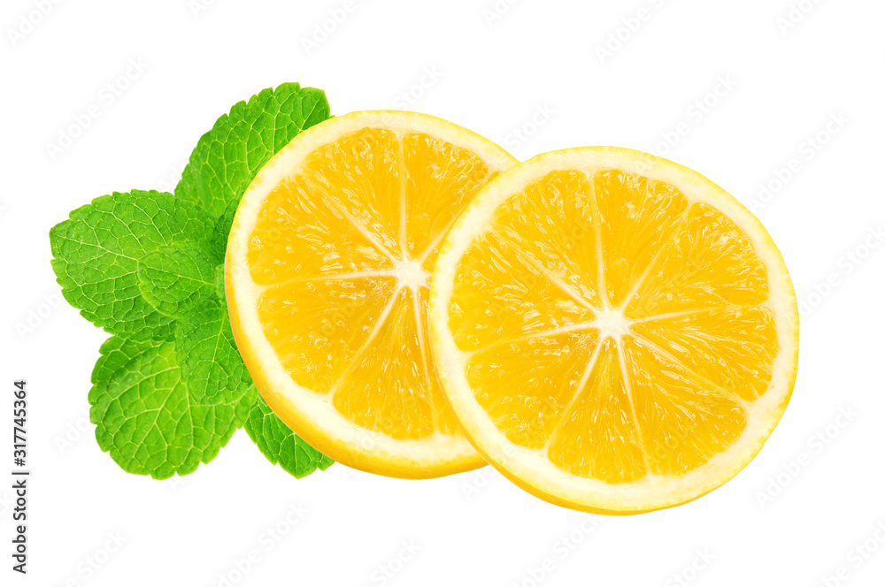 yellow fresh juicy slices of lemon fruit with mint herb for design isolated on the white background yellow fresh juicy slices of lemon fruit with mint herb for design isolated on the white background