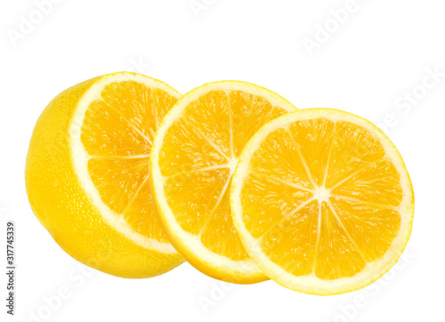 yellow fresh juicy half and slices of lemon fruit with for design isolated on the white background