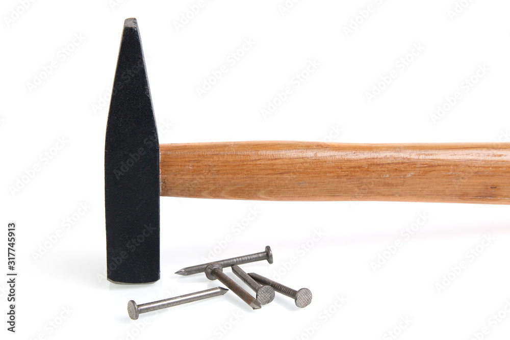construction hammer and nails on a white background construction hammer and nails on a white background