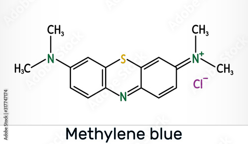 Methylene blue, methylthioninium chloride, C16H18ClN3S molecule. It is used to treat to treat methemoglobinemia. Skeletal chemical formula photo
