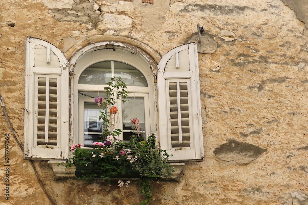 alte Fassade mit weißem Fenster und Blumen