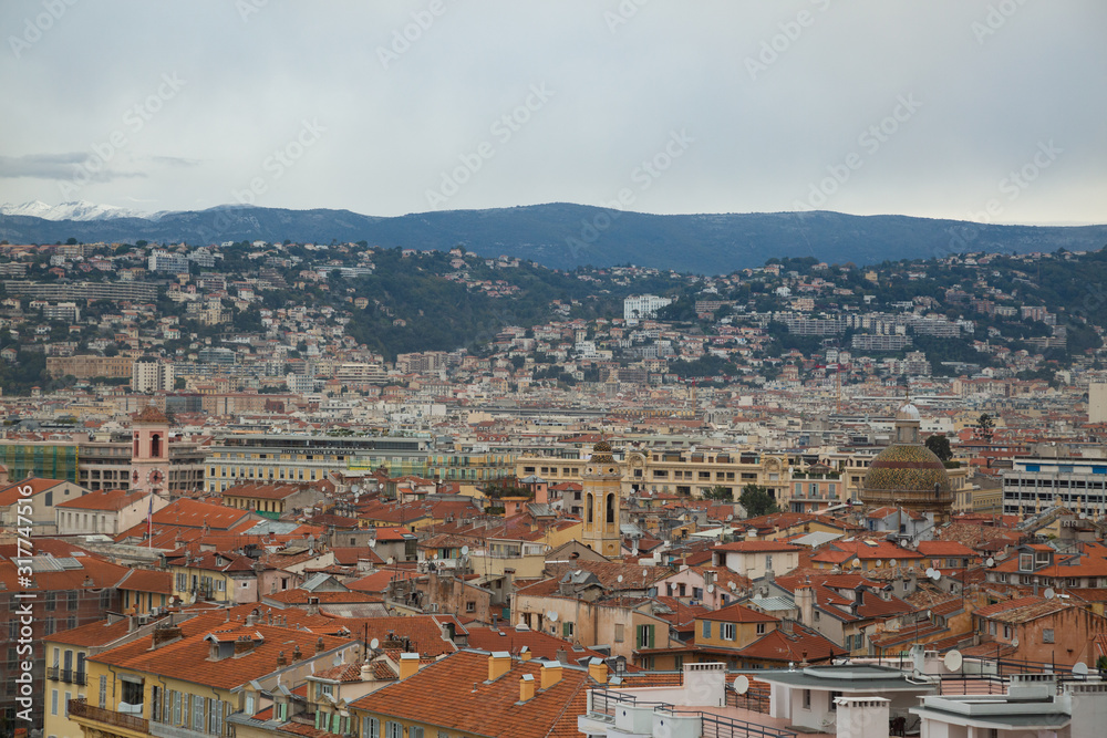 Top view on the roofs of Nice. Ancient architecture in Europe, old town.