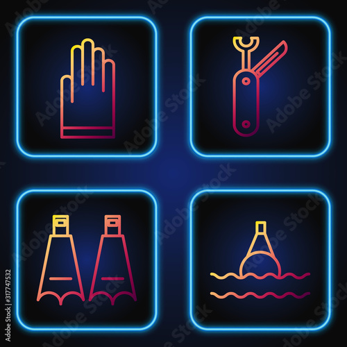 Set line Floating buoy on the sea, Rubber flippers for swimming, Gloves and Swiss army knife. Gradient color icons. Vector