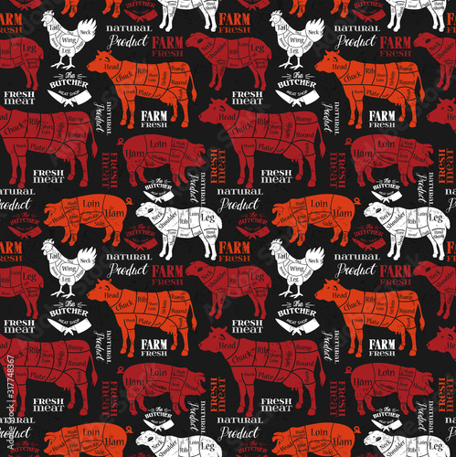 Meat cuts. Diagrams for butcher shop. Animal silhouette. Vector illustration on black. Seamless pattern.