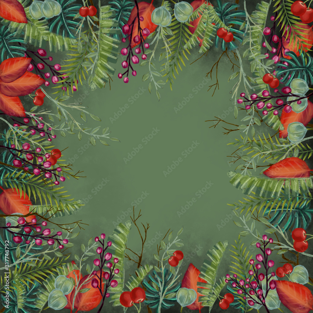 Concept of ornament of leaves and fruits. Illustration of invitations and advertising posters