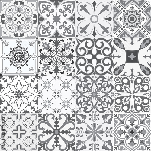 S tiles background in portuguese style in grey. Mosaic pattern for ceramic in dutch, portuguese, spanish, italian style.