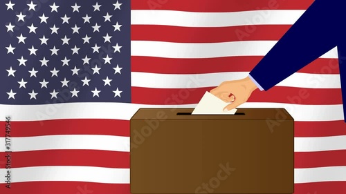 Election Day in the United States of America. A man votes, throwing a ballot into the ballot box, against the backdrop of a developing American flag. 4K animation. photo