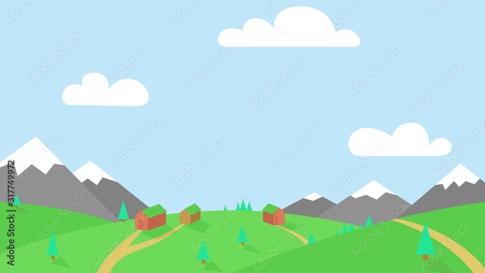 Vector bright nature landscape with mountains, green meadow and small village with few wooden houses and lanes