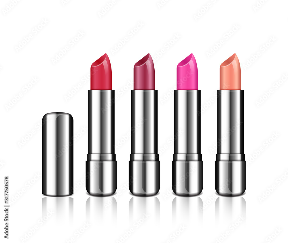 Vector opened lipstick tube template set. Lip cream, silver realistic packaging Vector opened lipstick tube template set. Lip cream, silver realistic packaging