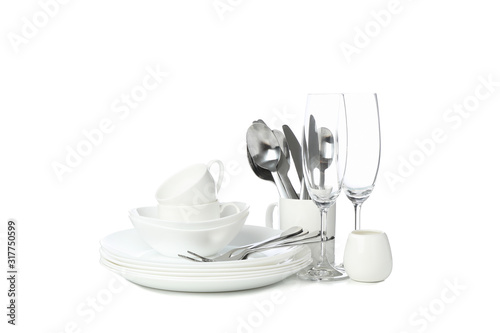 Tableware and cutlery isolated on white background. Kitchen, serving