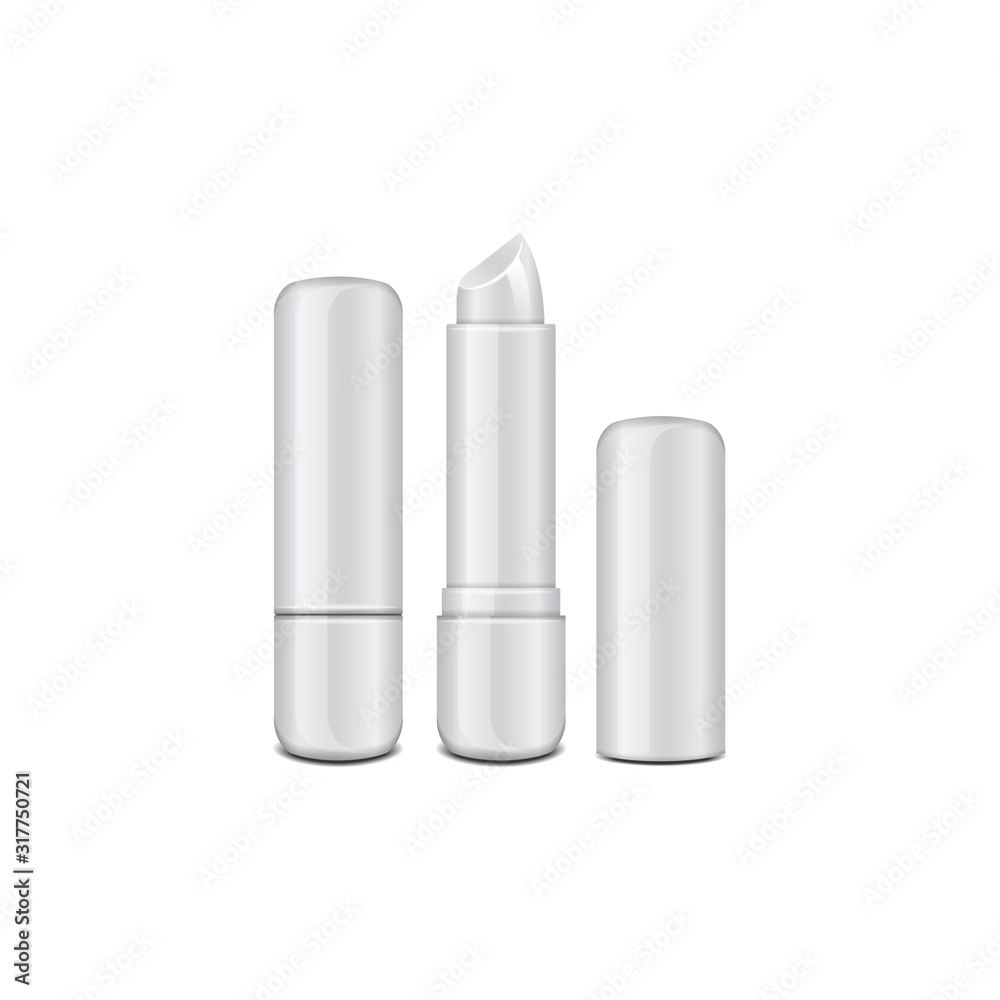 White glossy closed and opened lip balm stick, realistic hygienic lipstick. Vector blank mockup, design template White glossy closed and opened lip balm stick, realistic hygienic lipstick. Vector blank mockup, design template
