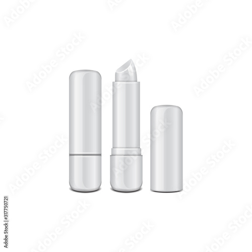 White glossy closed and opened lip balm stick, realistic hygienic lipstick. Vector blank mockup, design template