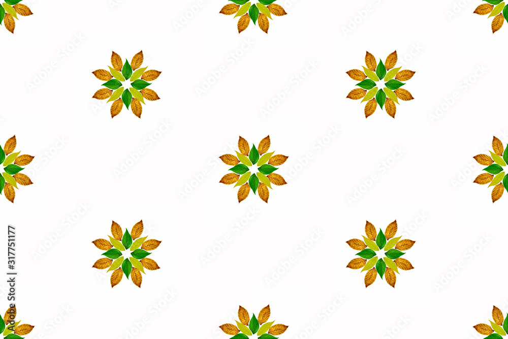Seamless patern green and dry leaves on white mandalas Seamless patern green and dry leaves on white mandalas