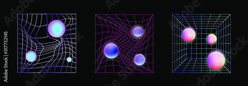 Laser grid with glowing neon spheres on dark background. Vaporwave and synthwave style illustration.
