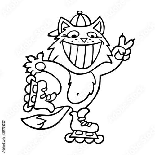 Cat on inline skates with baseball cap shows victory gesture black and white cartoon