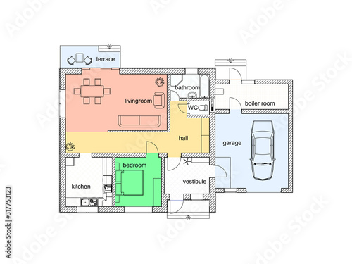 Floor plan of a modern apartment. 2d vector color plan. Architectural blueprint.