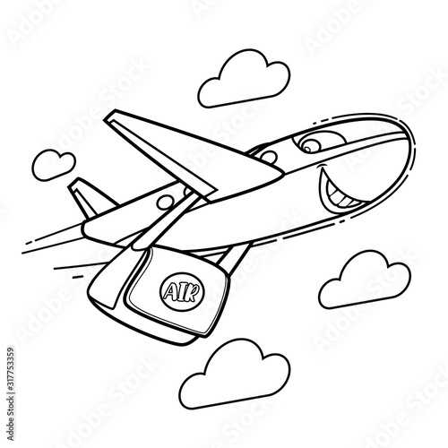 Vector Kids coloring page_Cartoon Character Cargo Delivery Airplane with Mail Bag