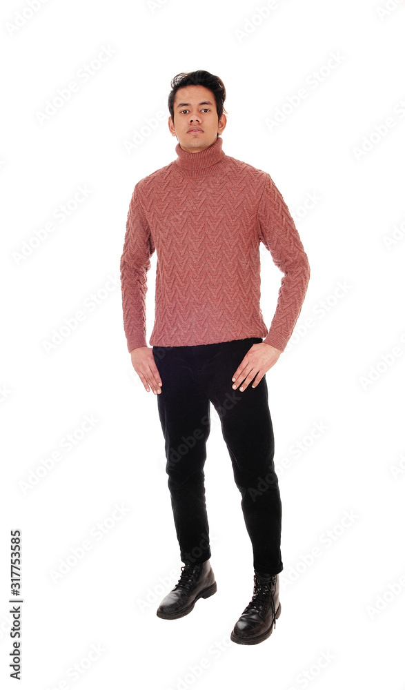 Pretty young man standing in a sweater in the studio Pretty young man standing in a sweater in the studio