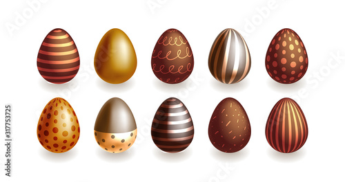 Vector realistic set of beautiful chocolate Easter eggs. Candy in the form of Easter eggs with various decorations. U