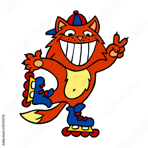 Cat on inline skates with baseball cap shows victory gesture color cartoon