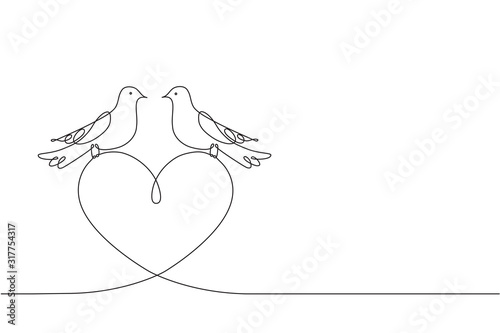 Couple of love birds and a heart. Continuous line drawing. Two enamoured pigeon and heart between them. A symbol of wedding, fidelity of love and family happiness.