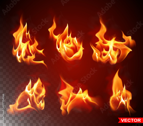 Realistic burning fire flames with shiny bright elements. Isolated on black background. Power, fuel and energy symbol. Layered vector big icon set.