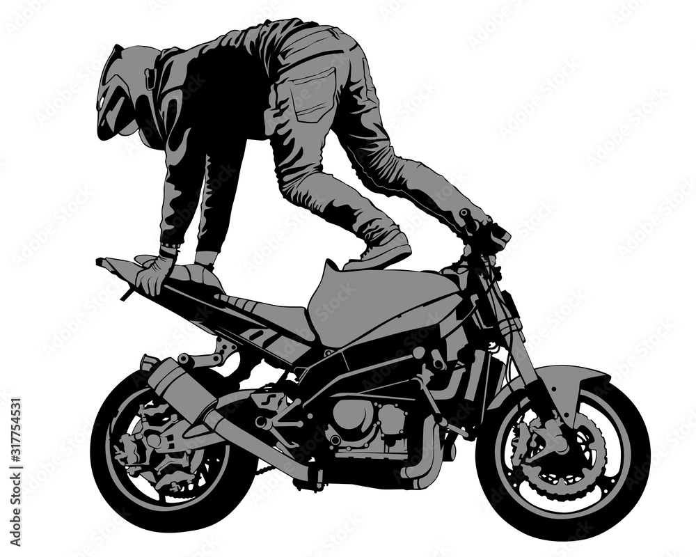 Young man on sports bike performs tricks. Isolated silhouette on a white background Young man on sports bike performs tricks. Isolated silhouette on a white background