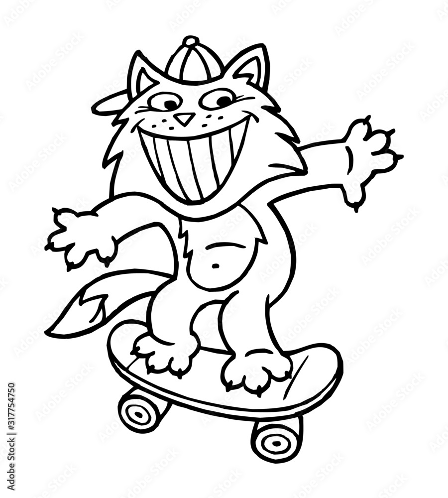 Fototapeta premium Cat on skateboard with baseball cap, sporting animal black and white cartoon