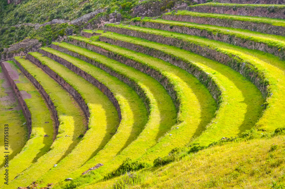 Beautifully shaped farming terraces in the ancient town of Pisac in Peru