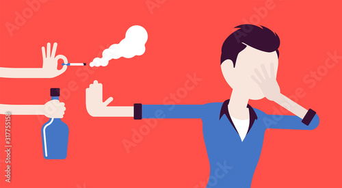 Bad habits refusal, boy against use of alcohol and smoking. Guy breaking or kicking, trying to get rid of drink and tobacco temptation, habit-control strategy. Vector illustration