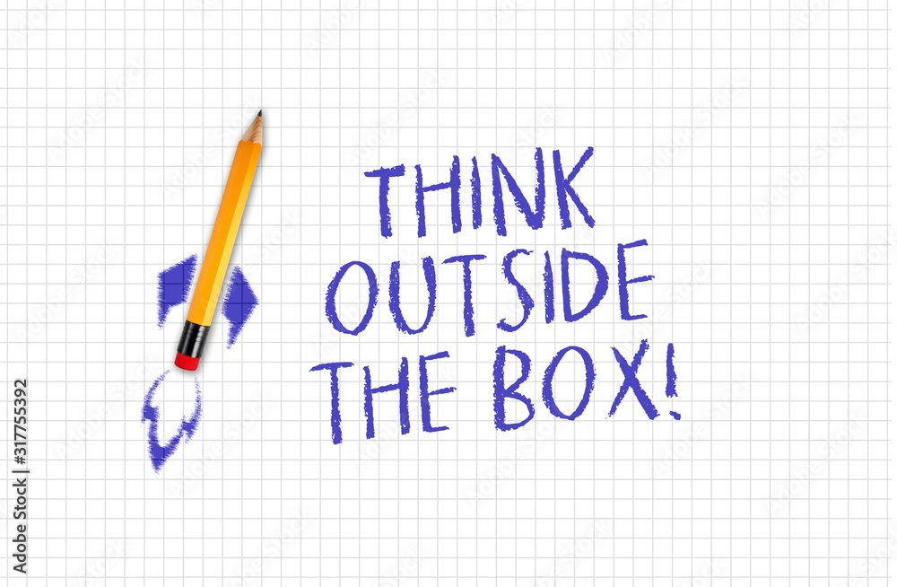 Quad or squared white paper with rocket pencil and message Think outside the box Quad or squared white paper with rocket pencil and message Think outside the box