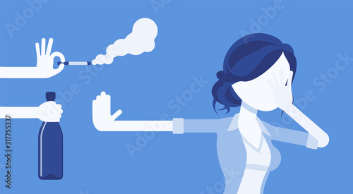 Bad habits refusal, girl against use of alcohol and smoking. Lady breaking or kicking, trying to get rid of drink and tobacco temptation, habit-control strategy. Vector illustration