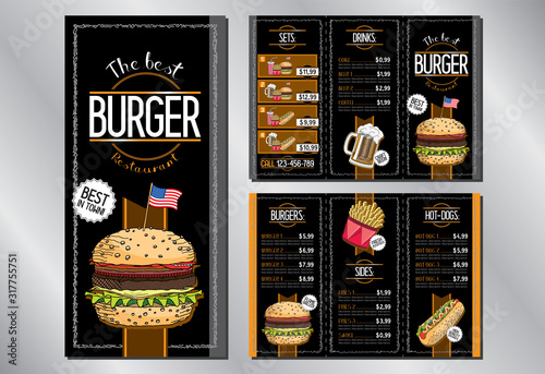 Burger bar menu/ flyer template (burgers, french fries, hot-dogs, drinks, sets) - 3 x DL (99x210 mm)