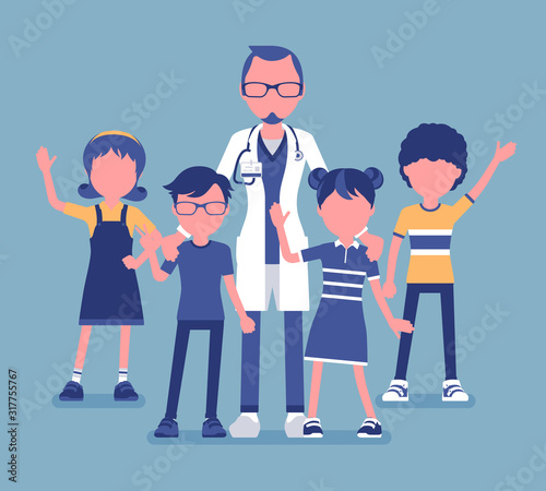 Male pediatrician doctor, medical practitioner for children. Professional physician, special training in kids care, to diagnose and treat childhood illnesses. Vector illustration